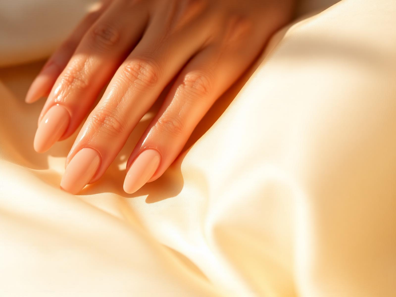 Close-up of luxury nude polygel manicure on silk